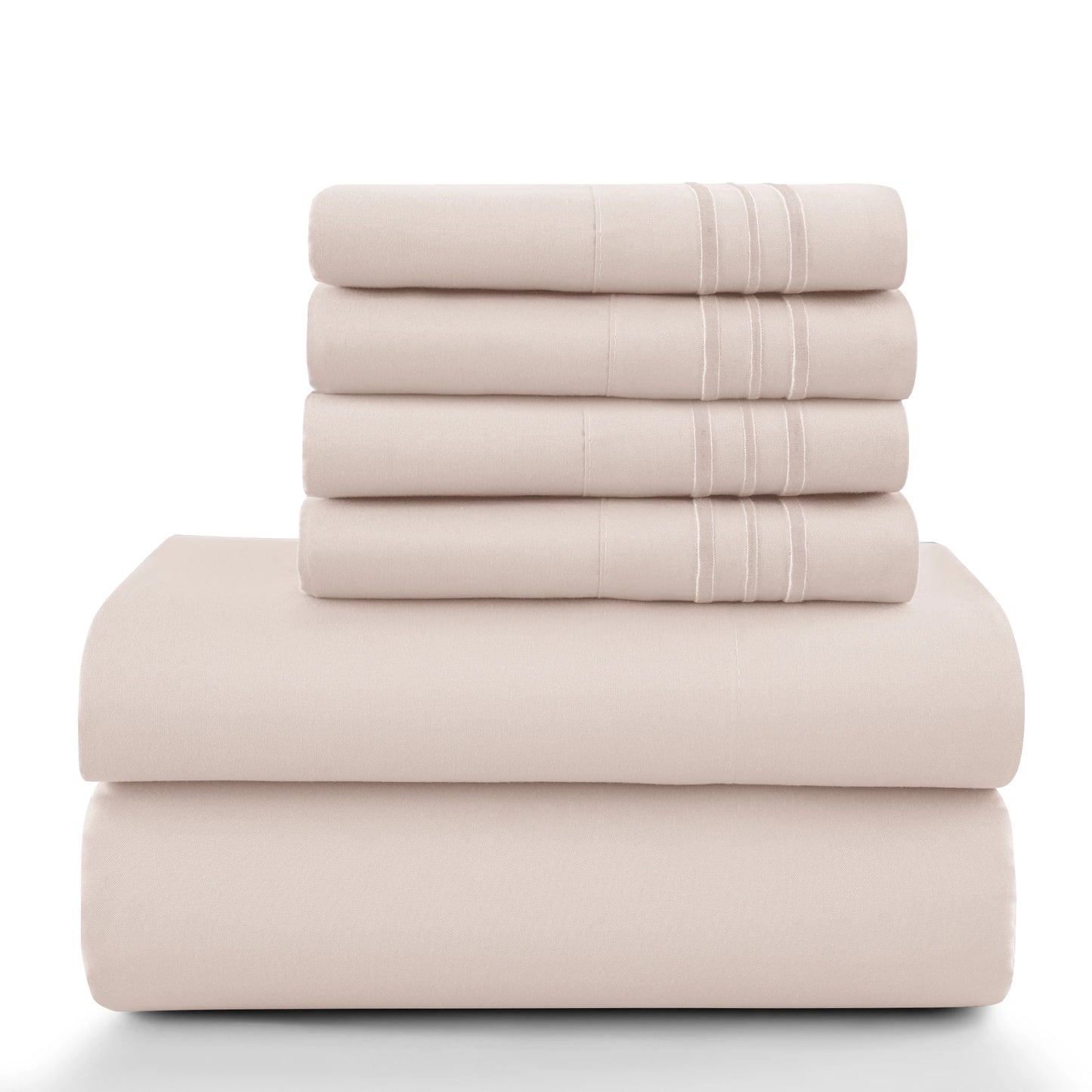 6Pc Solid Sheet Set – Brushed Microfiber, 16" Deep Pockets, with Embroidered & Plain Pillowcases