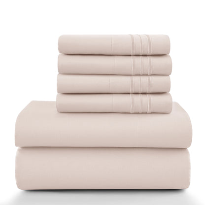 6Pc Solid Sheet Set – Brushed Microfiber, 16" Deep Pockets, with Embroidered & Plain Pillowcases