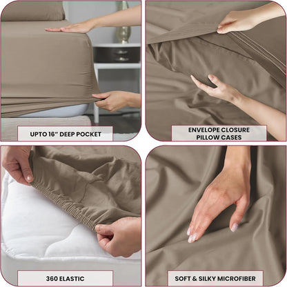 6Pc Solid Sheet Set – Brushed Microfiber, 16" Deep Pockets, with Embroidered & Plain Pillowcases