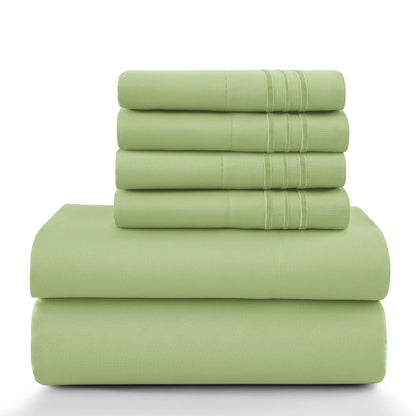 6Pc Solid Sheet Set – Brushed Microfiber, 16" Deep Pockets, with Embroidered & Plain Pillowcases