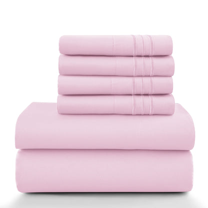 6Pc Solid Sheet Set – Brushed Microfiber, 16" Deep Pockets, with Embroidered & Plain Pillowcases