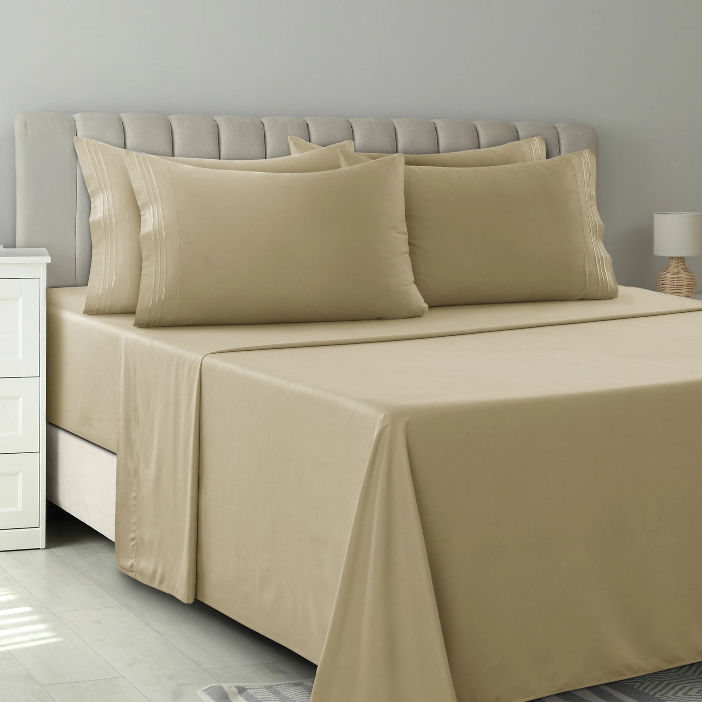 6Pc Solid Sheet Set – Brushed Microfiber, 16" Deep Pockets, with Embroidered & Plain Pillowcases