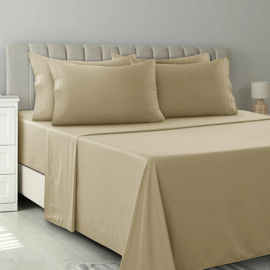 6Pc Solid Sheet Set – Brushed Microfiber, 16" Deep Pockets, with Embroidered & Plain Pillowcases