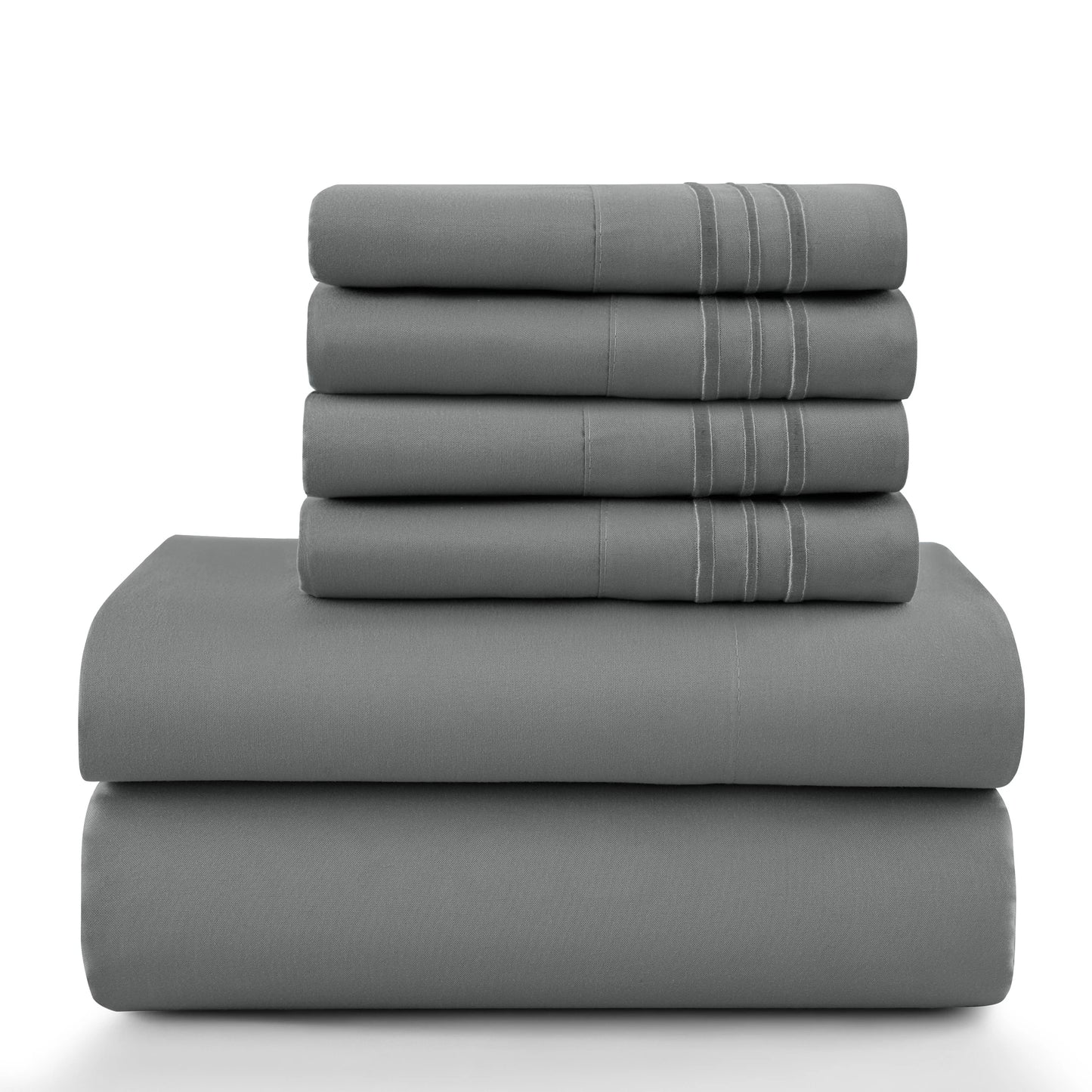 6Pc Solid Sheet Set – Brushed Microfiber, 16" Deep Pockets, with Embroidered & Plain Pillowcases
