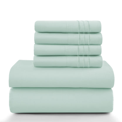 6Pc Solid Sheet Set – Brushed Microfiber, 16" Deep Pockets, with Embroidered & Plain Pillowcases