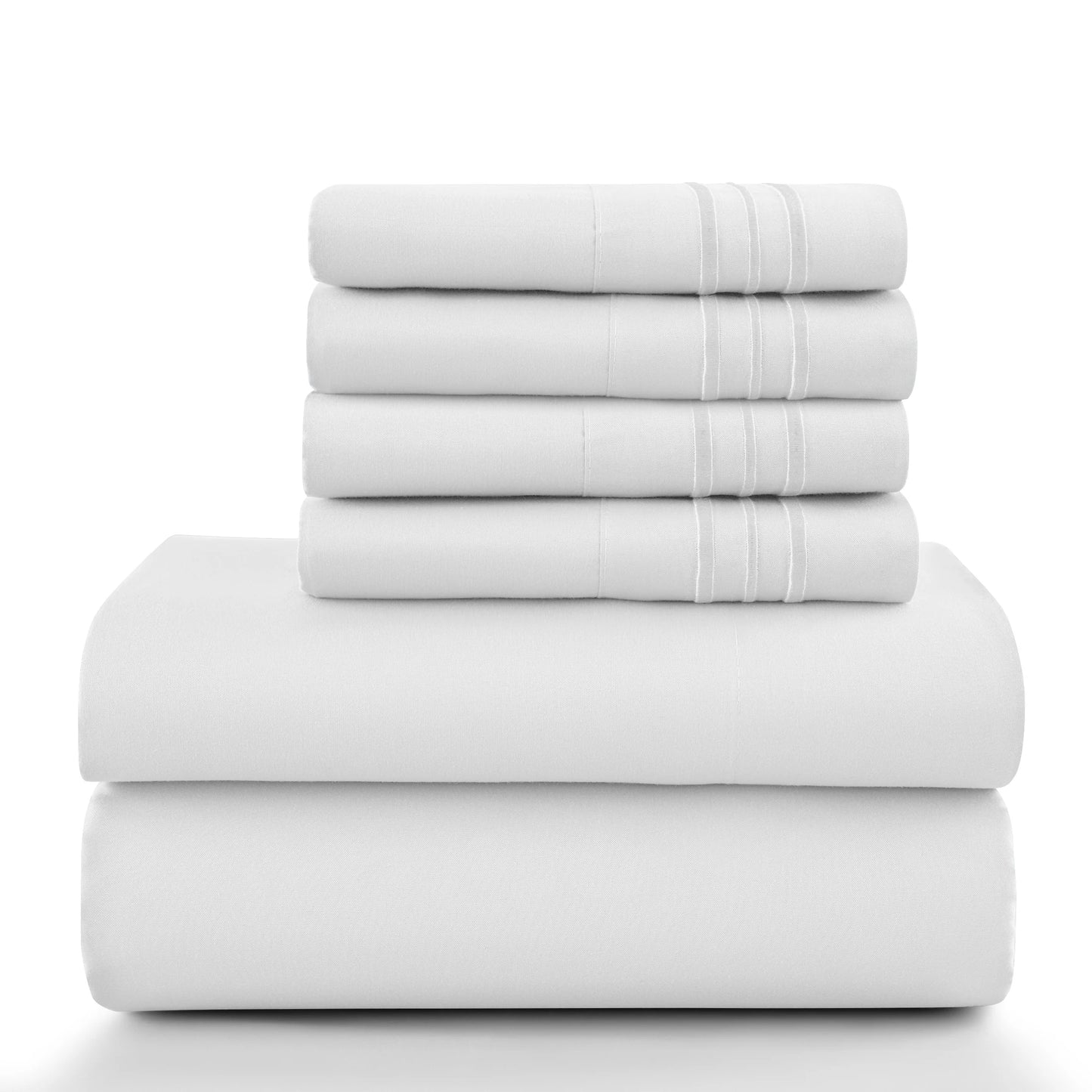 6Pc Solid Sheet Set – Brushed Microfiber, 16" Deep Pockets, with Embroidered & Plain Pillowcases