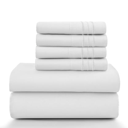 6Pc Solid Sheet Set – Brushed Microfiber, 16" Deep Pockets, with Embroidered & Plain Pillowcases