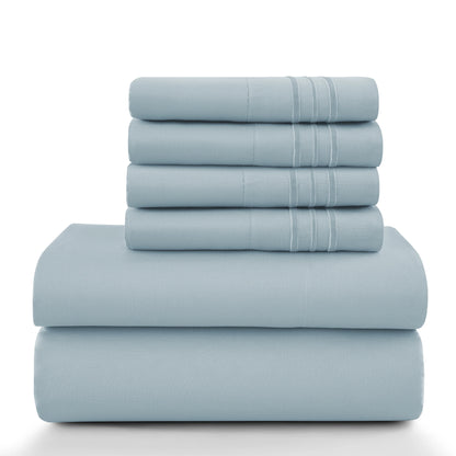 6Pc Solid Sheet Set – Brushed Microfiber, 16" Deep Pockets, with Embroidered & Plain Pillowcases