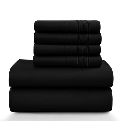 6Pc Solid Sheet Set – Brushed Microfiber, 16" Deep Pockets, with Embroidered & Plain Pillowcases