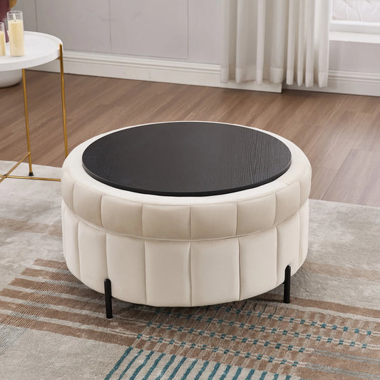 Upholstered Round Ottoman With Reversible Lid & Storage