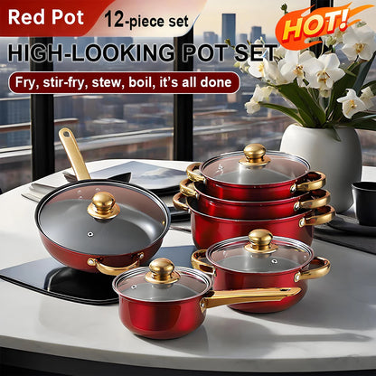12-Piece Stainless Steel Non-Stick Red Cookware Set