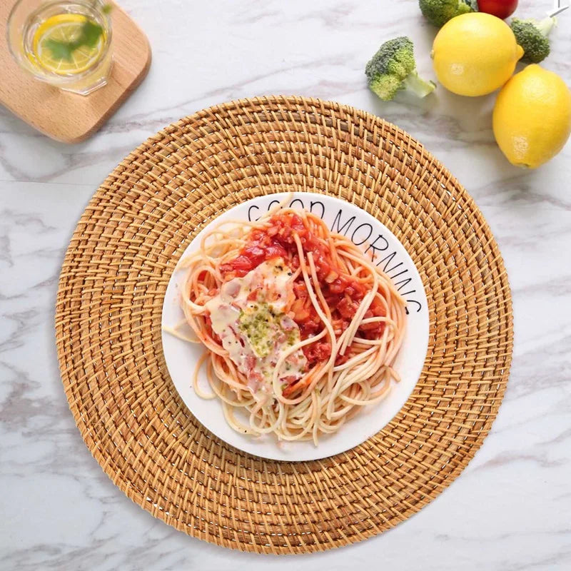 Handwoven Rattan Placemats,Round Wicker Table Mats, Natural Woven Placemats For Dinner Table,Heat Resistant Mats