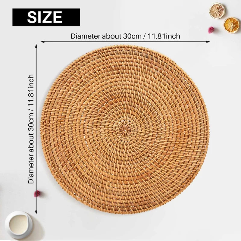 Handwoven Rattan Placemats,Round Wicker Table Mats, Natural Woven Placemats For Dinner Table,Heat Resistant Mats