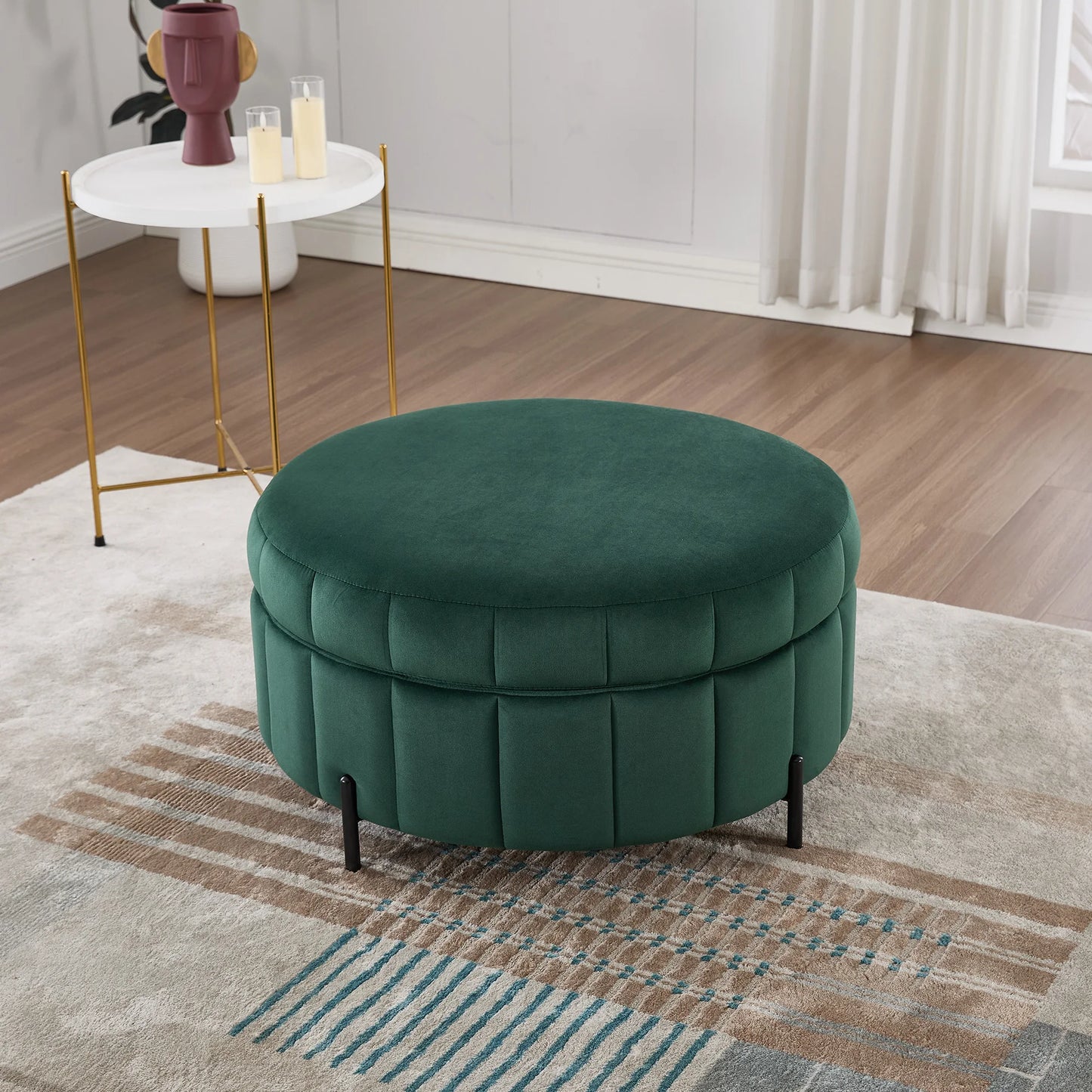 Upholstered Round Ottoman With Reversible Lid & Storage