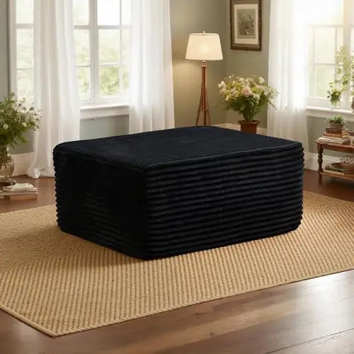 37.1' Plush Black Corduroy Ottoman