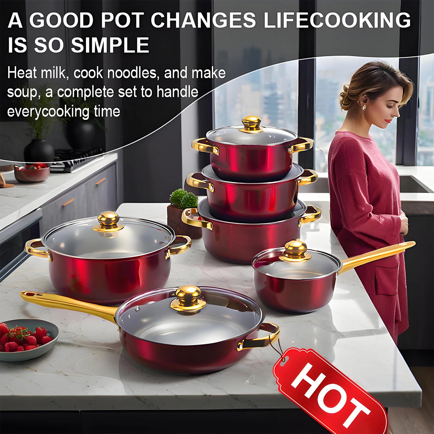 12-Piece Stainless Steel Non-Stick Red Cookware Set