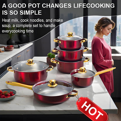12-Piece Stainless Steel Non-Stick Red Cookware Set