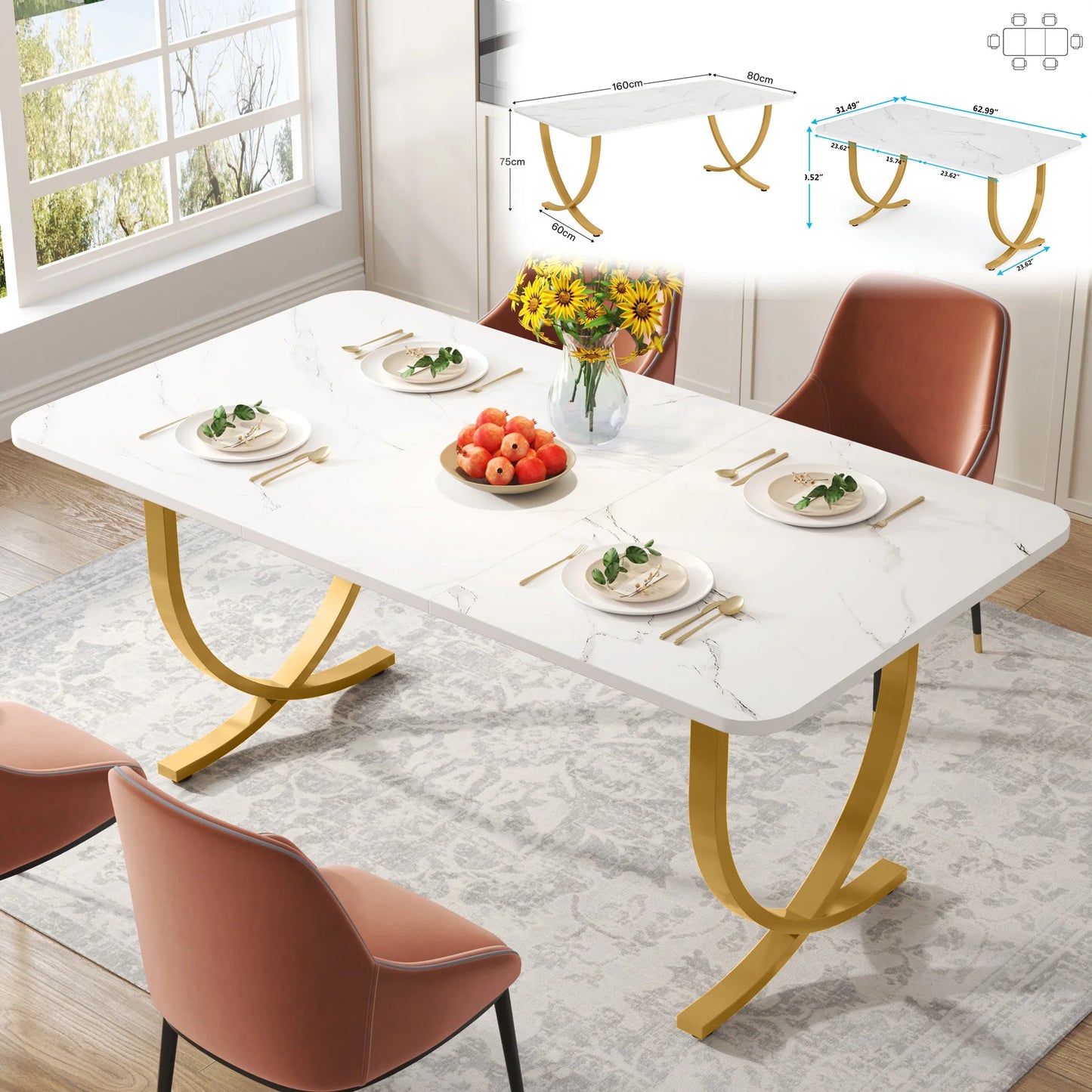 63-Inch Rectangular Modern Kitchen Table with Faux Marble Table Top