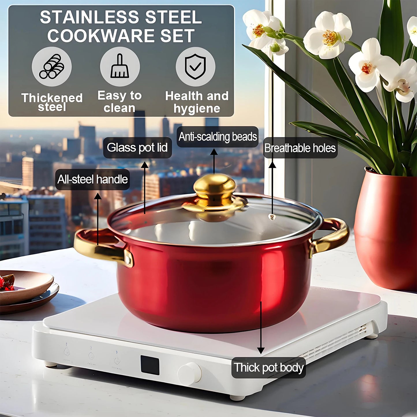 12-Piece Stainless Steel Non-Stick Red Cookware Set