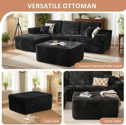 37.1' Plush Black Corduroy Ottoman