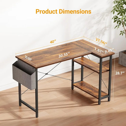 L-Shaped Computer Desk with Reversible Storage Shelves