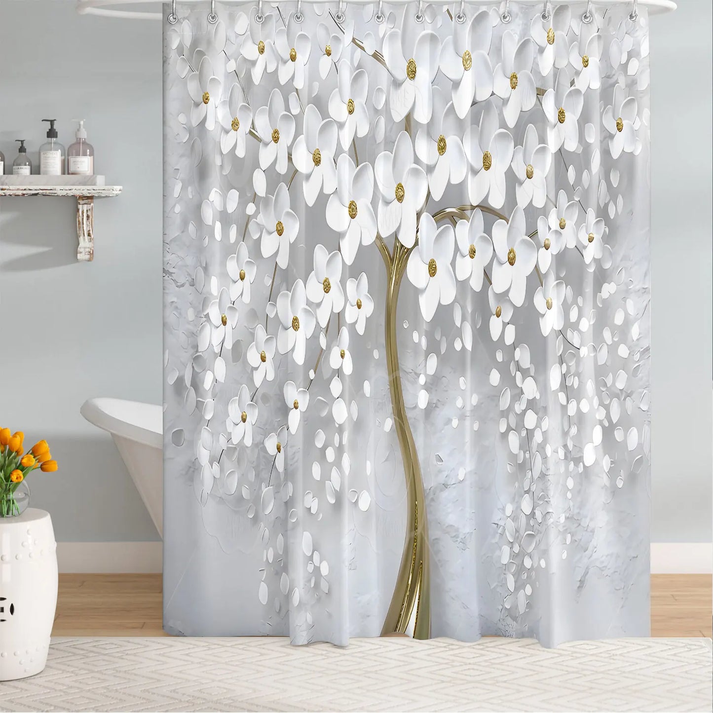1/3/4PCS Abstract Art White Floral Shower Curtain Set with Rugs