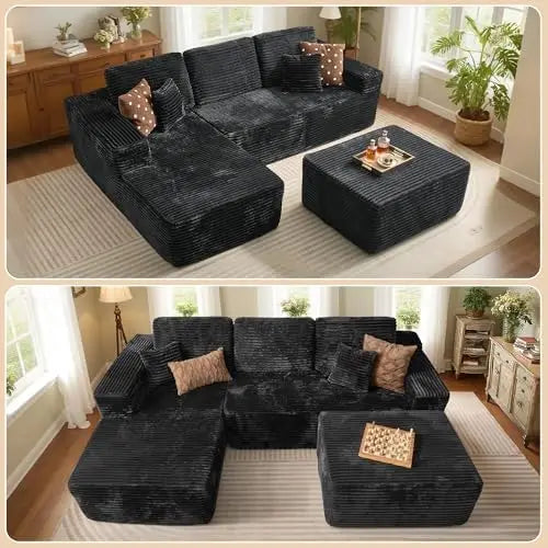 37.1' Plush Black Corduroy Ottoman