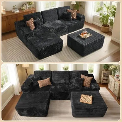 37.1' Plush Black Corduroy Ottoman