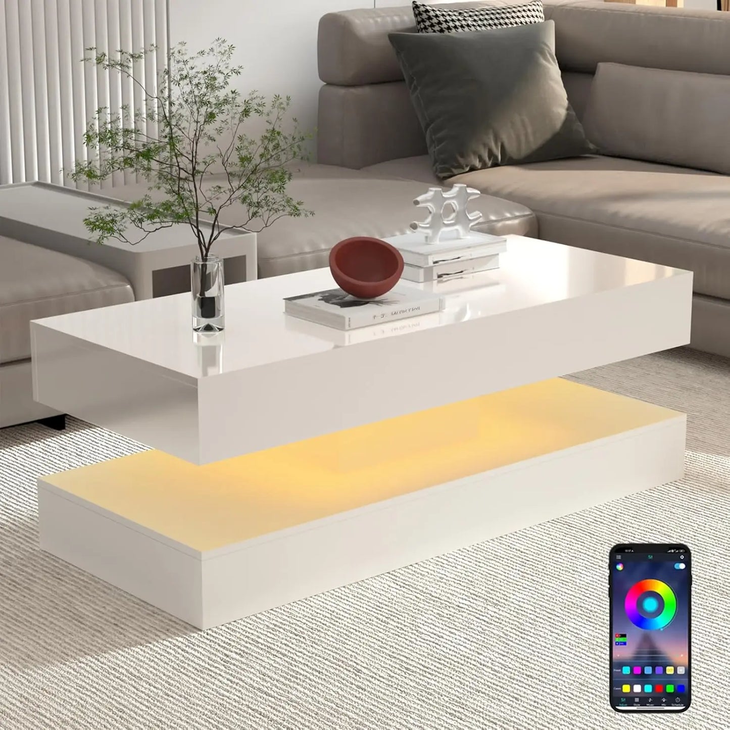 Modern Stylish Double-Layer Coffee Table with LED Lights & Storage