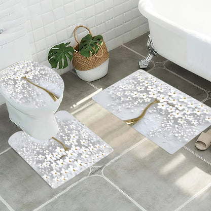 1/3/4PCS Abstract Art White Floral Shower Curtain Set with Rugs