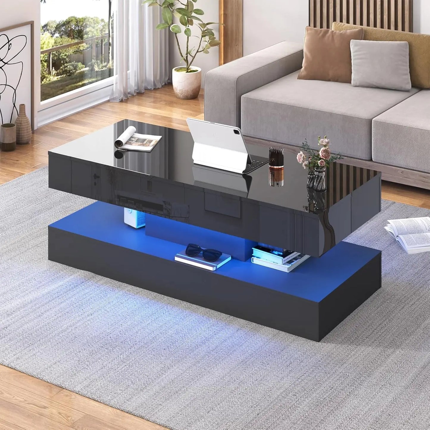 Modern Stylish Double-Layer Coffee Table with LED Lights & Storage