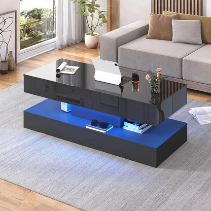 Modern Stylish Double-Layer Coffee Table with LED Lights & Storage