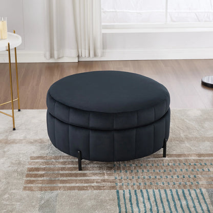 Upholstered Round Ottoman With Reversible Lid & Storage