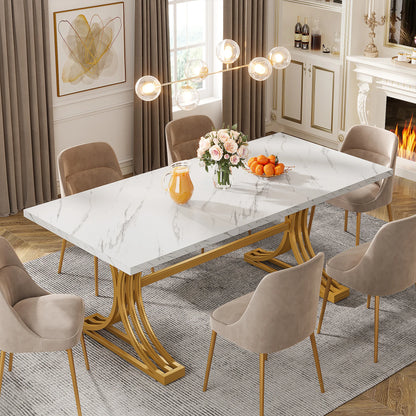 63-Inch Rectangular Modern Kitchen Table with Faux Marble Table Top
