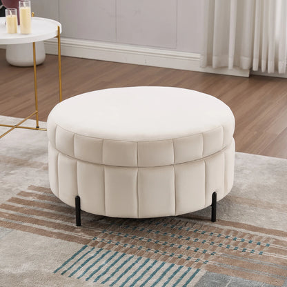 Upholstered Round Ottoman With Reversible Lid & Storage