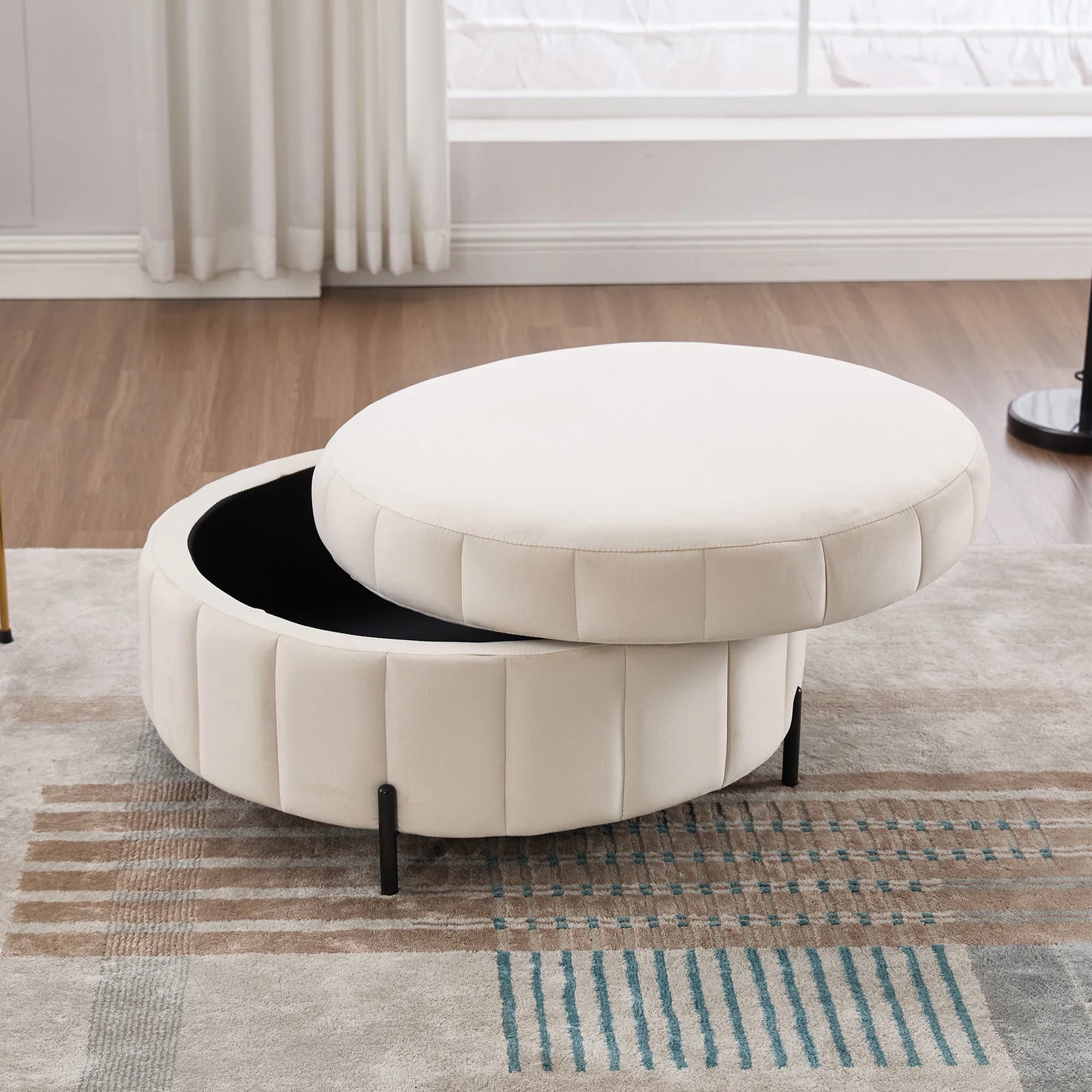Upholstered Round Ottoman With Reversible Lid & Storage