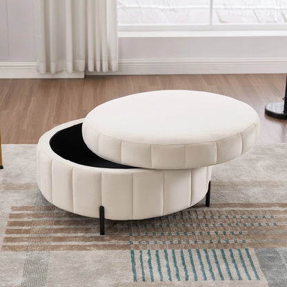 Upholstered Round Ottoman With Reversible Lid & Storage