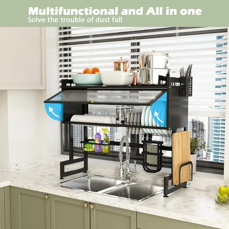 Large Stainless Steel Over The Sink 2 Tier Dish Rack with Cover