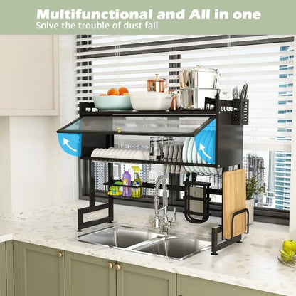 Large Stainless Steel Over The Sink 2 Tier Dish Rack with Cover