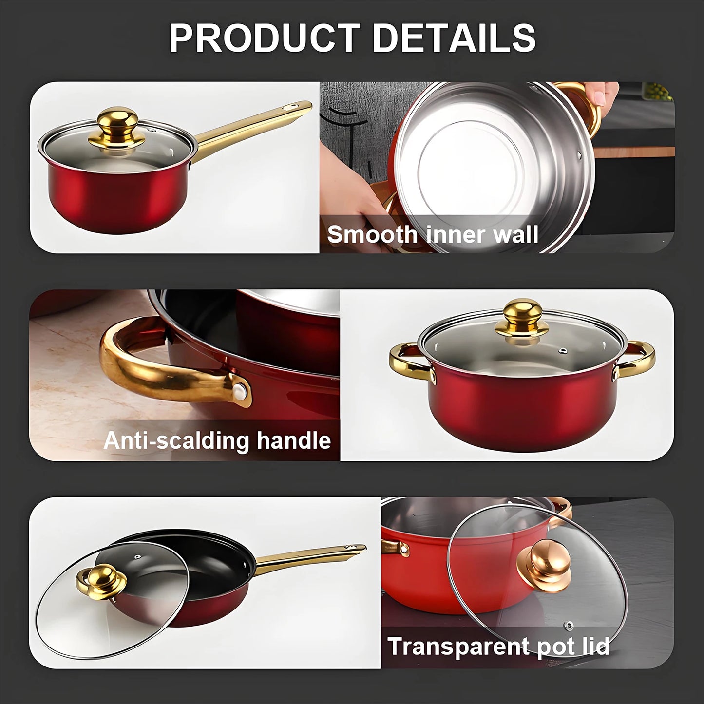 12-Piece Stainless Steel Non-Stick Red Cookware Set