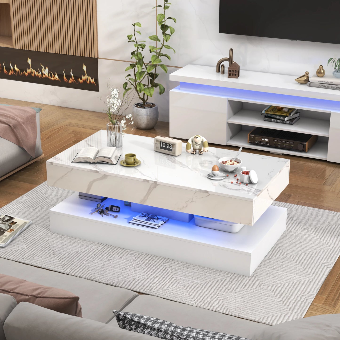Modern Stylish Double-Layer Coffee Table with LED Lights & Storage