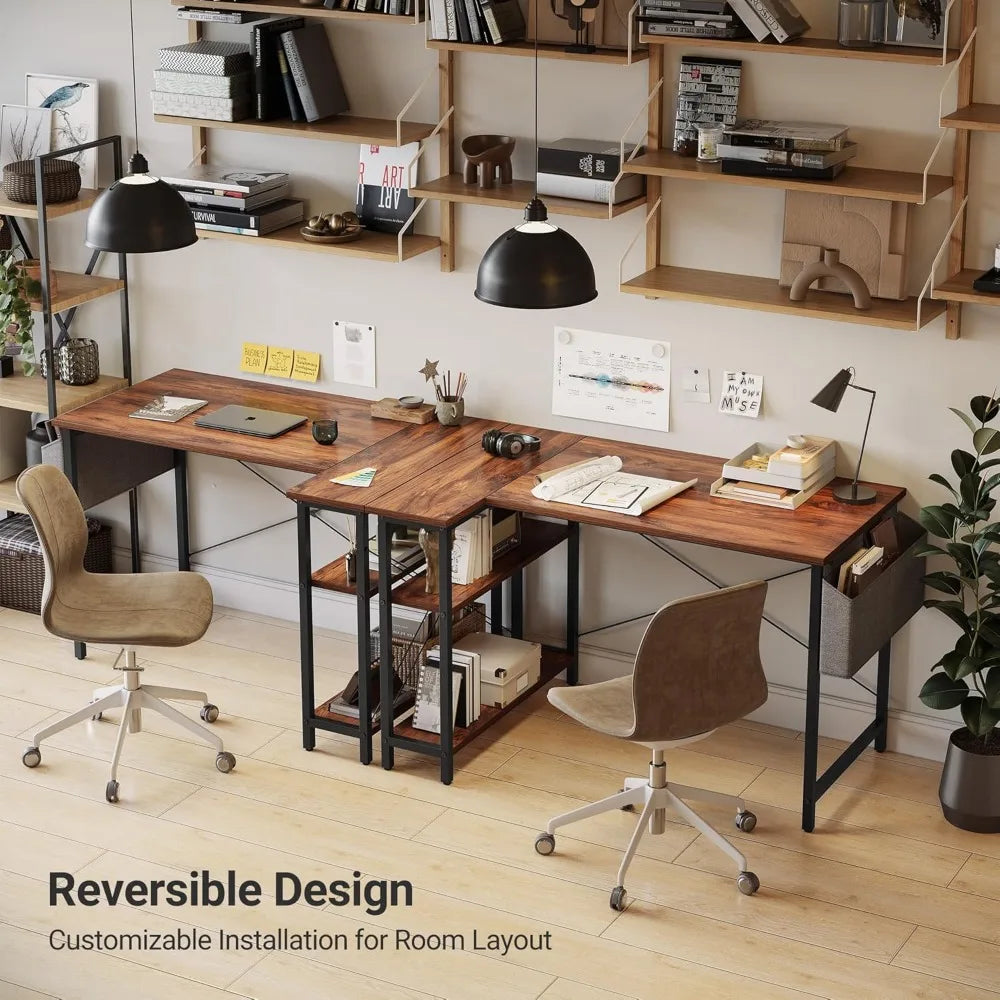 L-Shaped Computer Desk with Reversible Storage Shelves
