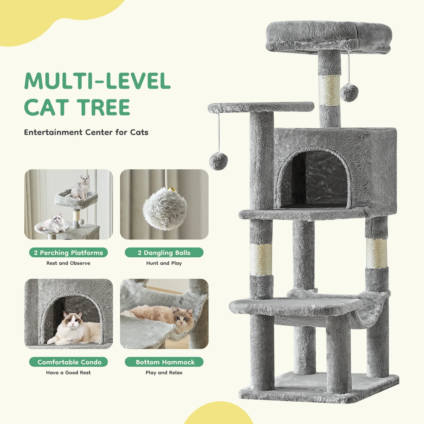 44in Tall Multi-Cat Climbing Tree with Scratching Posts