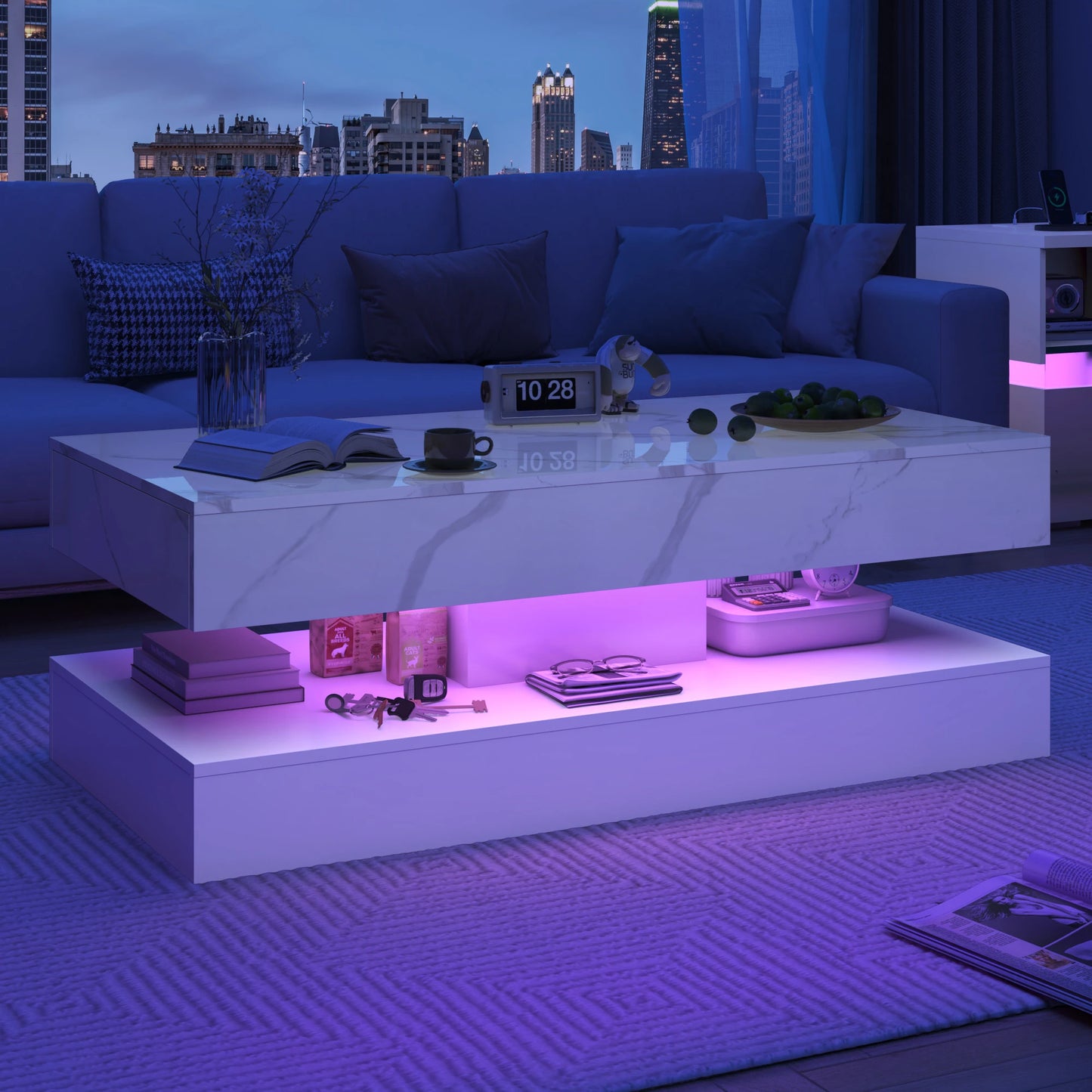 Modern Stylish Double-Layer Coffee Table with LED Lights & Storage