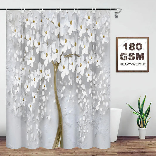 1/3/4PCS Abstract Art White Floral Shower Curtain Set with Rugs