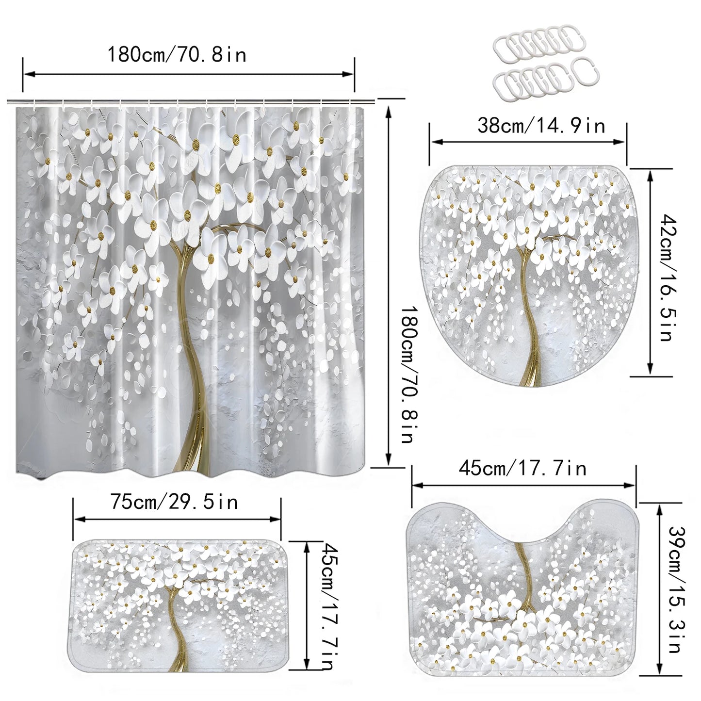 1/3/4PCS Abstract Art White Floral Shower Curtain Set with Rugs