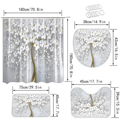 1/3/4PCS Abstract Art White Floral Shower Curtain Set with Rugs