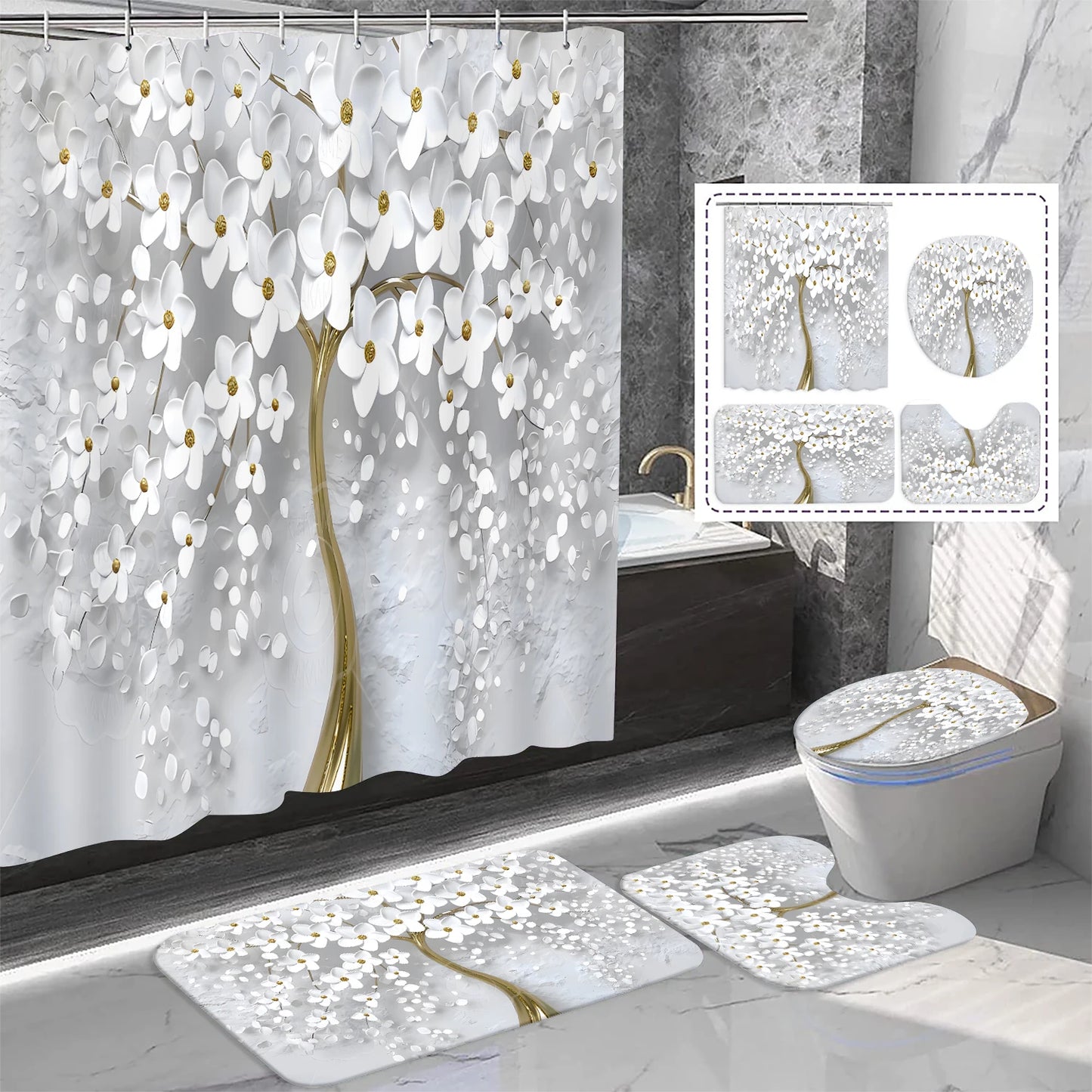1/3/4PCS Abstract Art White Floral Shower Curtain Set with Rugs