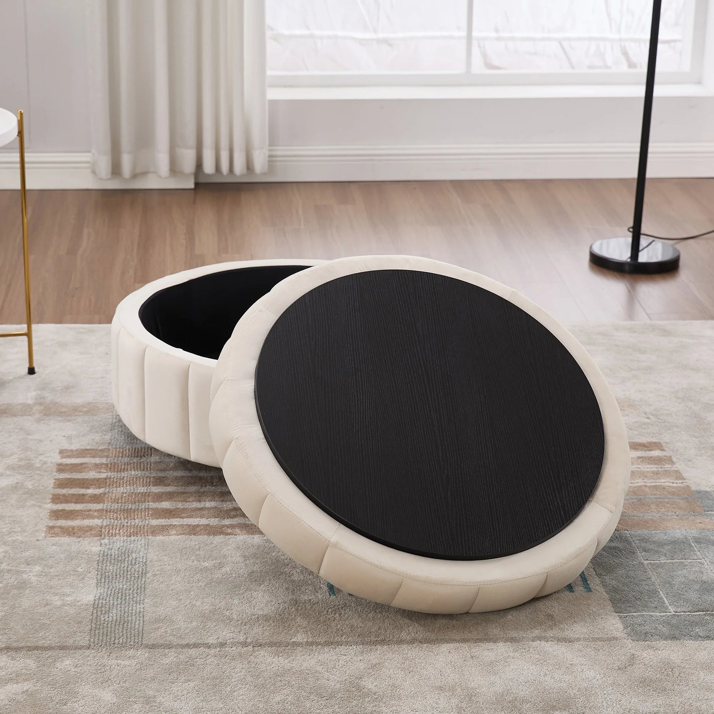 Upholstered Round Ottoman With Reversible Lid & Storage