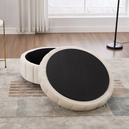 Upholstered Round Ottoman With Reversible Lid & Storage